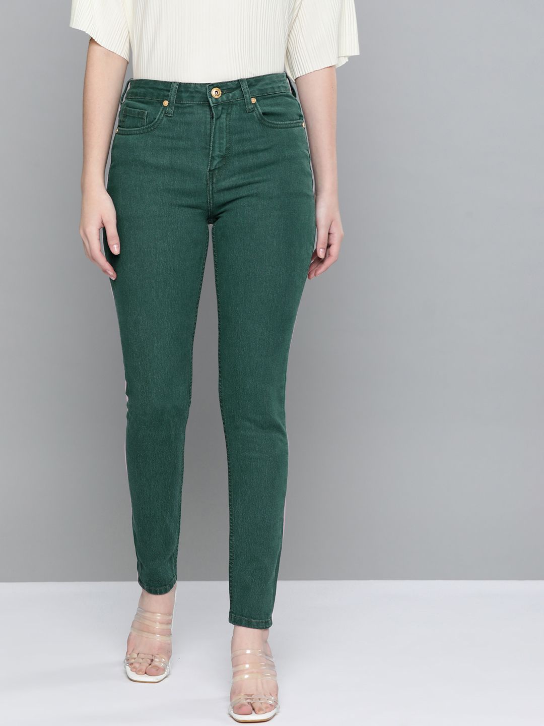 Chemistry Women Green Solid Stretchable Jeans Price in India