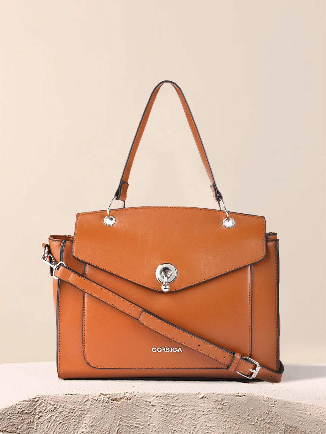 CORSICA Tan Brown Solid Structured Satchel Price in India