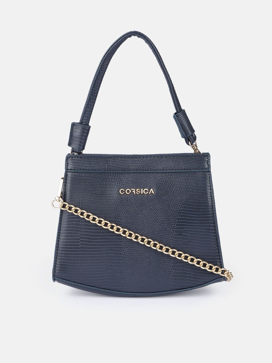 CORSICA Navy Blue Animal Textured Structured Hobo Bag Price in India