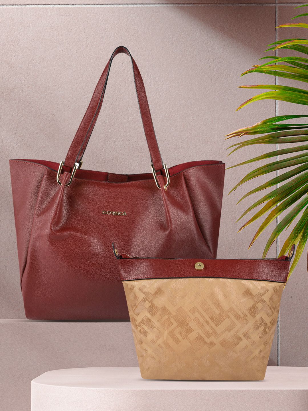 CORSICA Burgundy Structured Tote Bag With Pouch Price in India