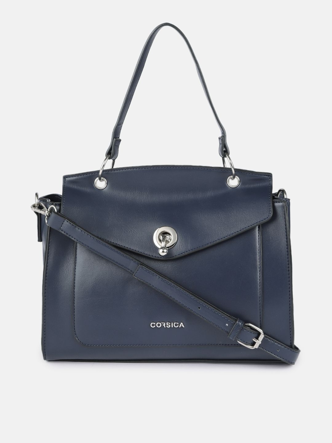 CORSICA Navy Blue Solid Structured Satchel Price in India