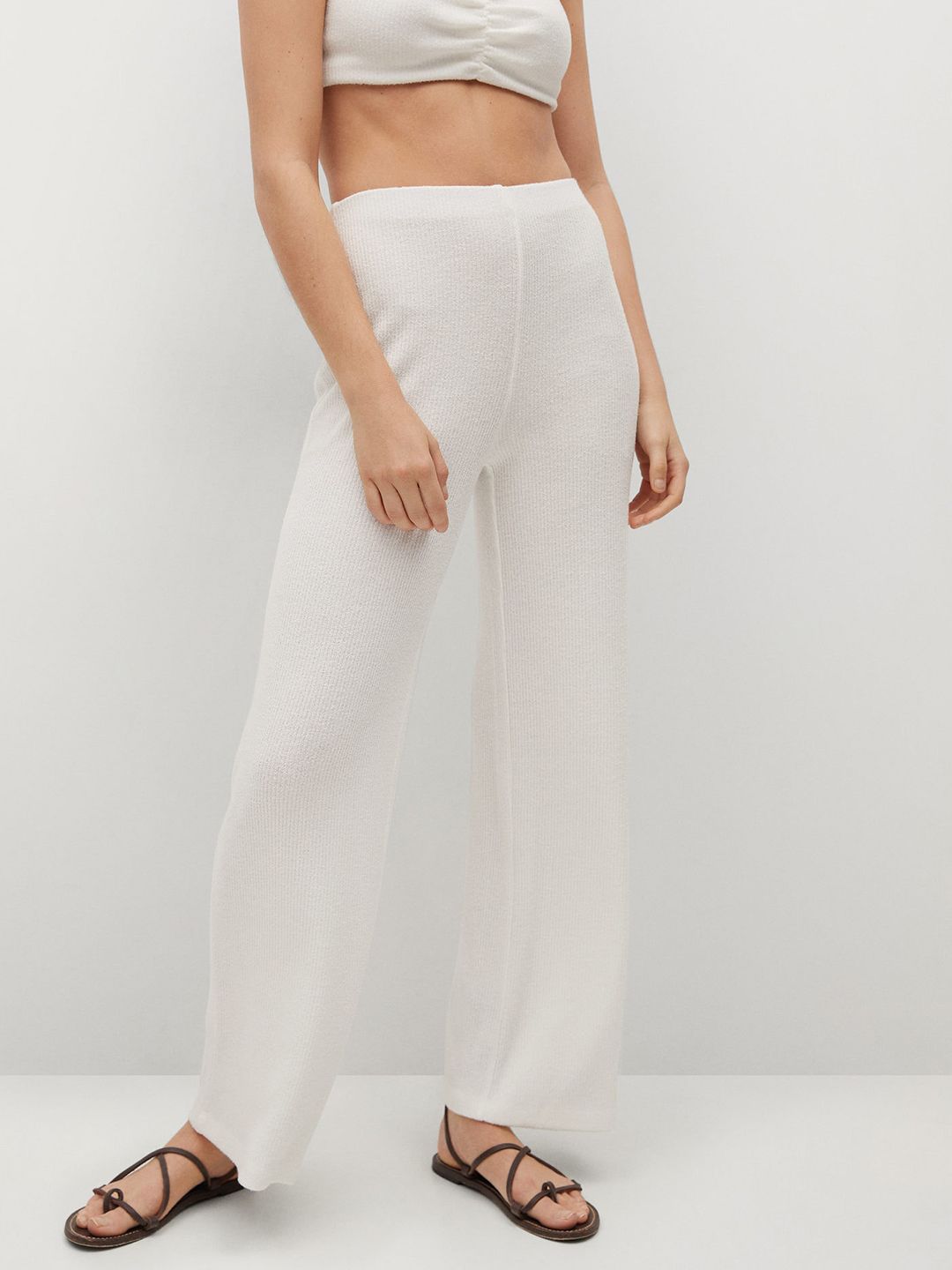 MANGO Women White Ribbed Stretchable Parallel Trousers