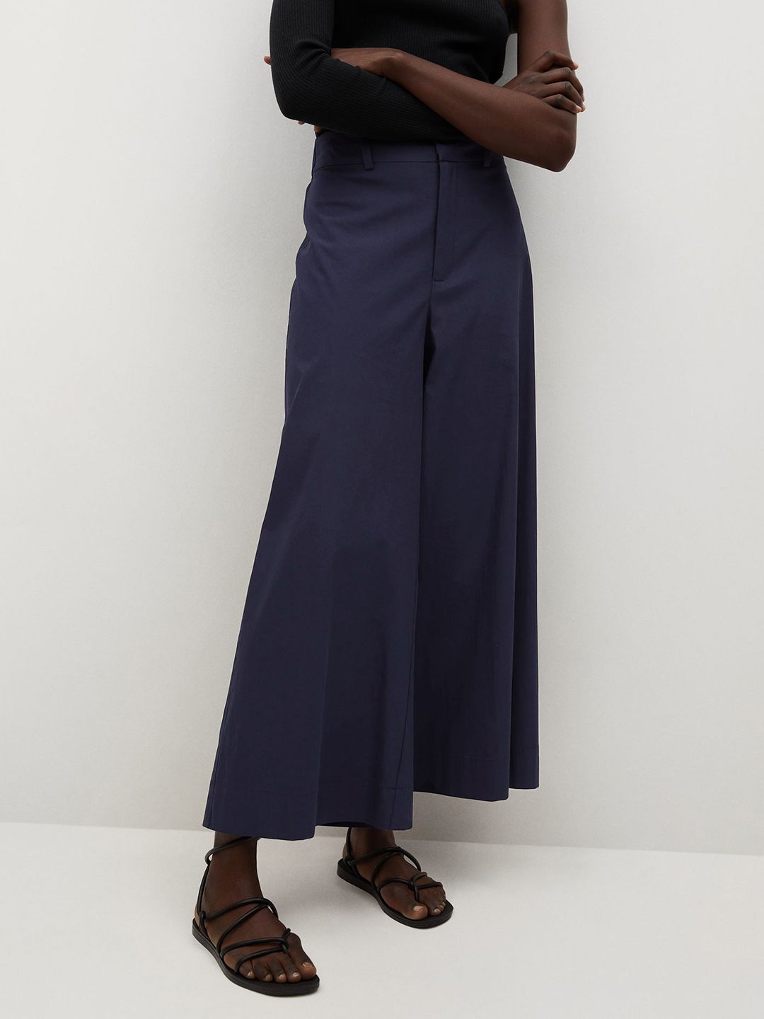MANGO Women Navy Blue Solid Culottes Trousers Price in India