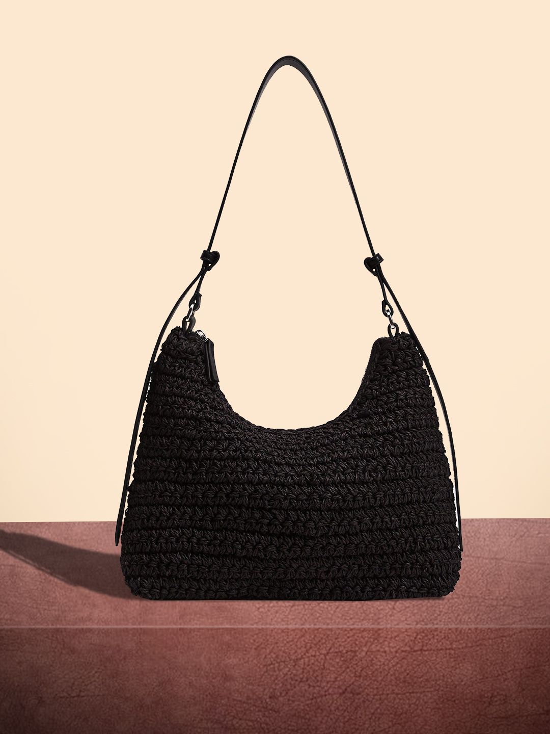 MANGO Black Woven Design Structured Hobo Bag Price in India