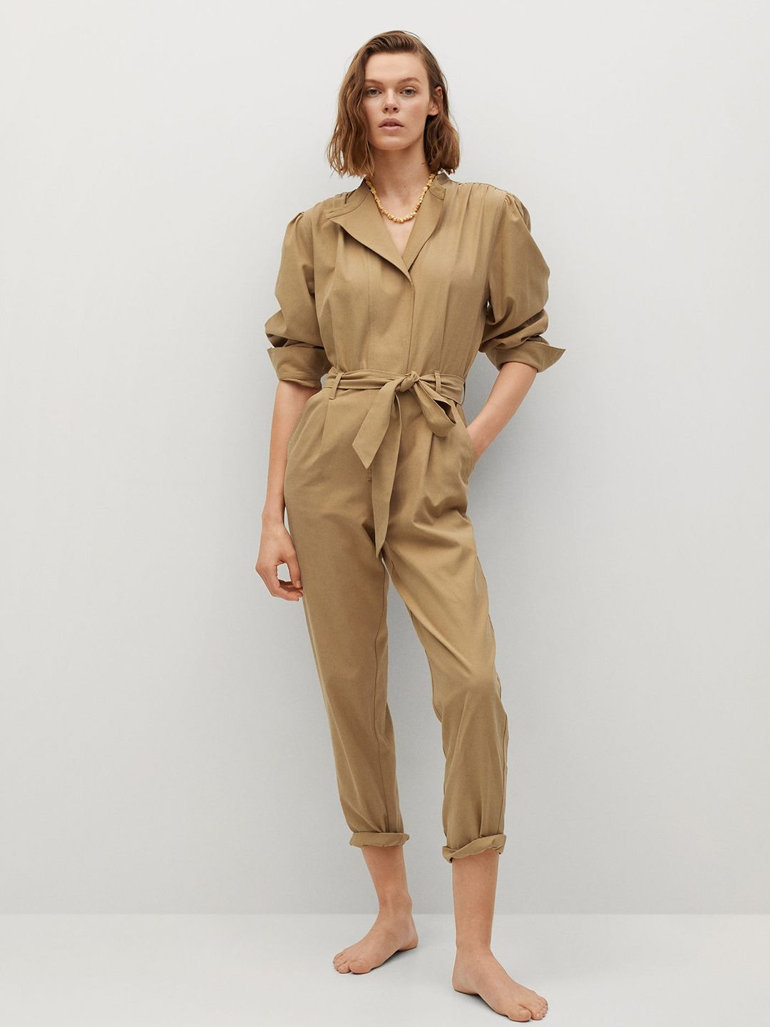 MANGO Khaki Solid Basic Jumpsuit Comes With A Belt Price in India
