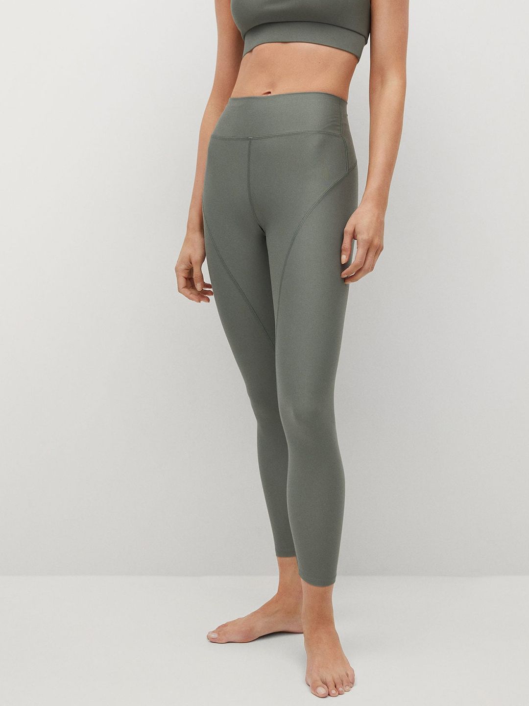 MANGO Women Sage Green Solid Cropped Tights Price in India