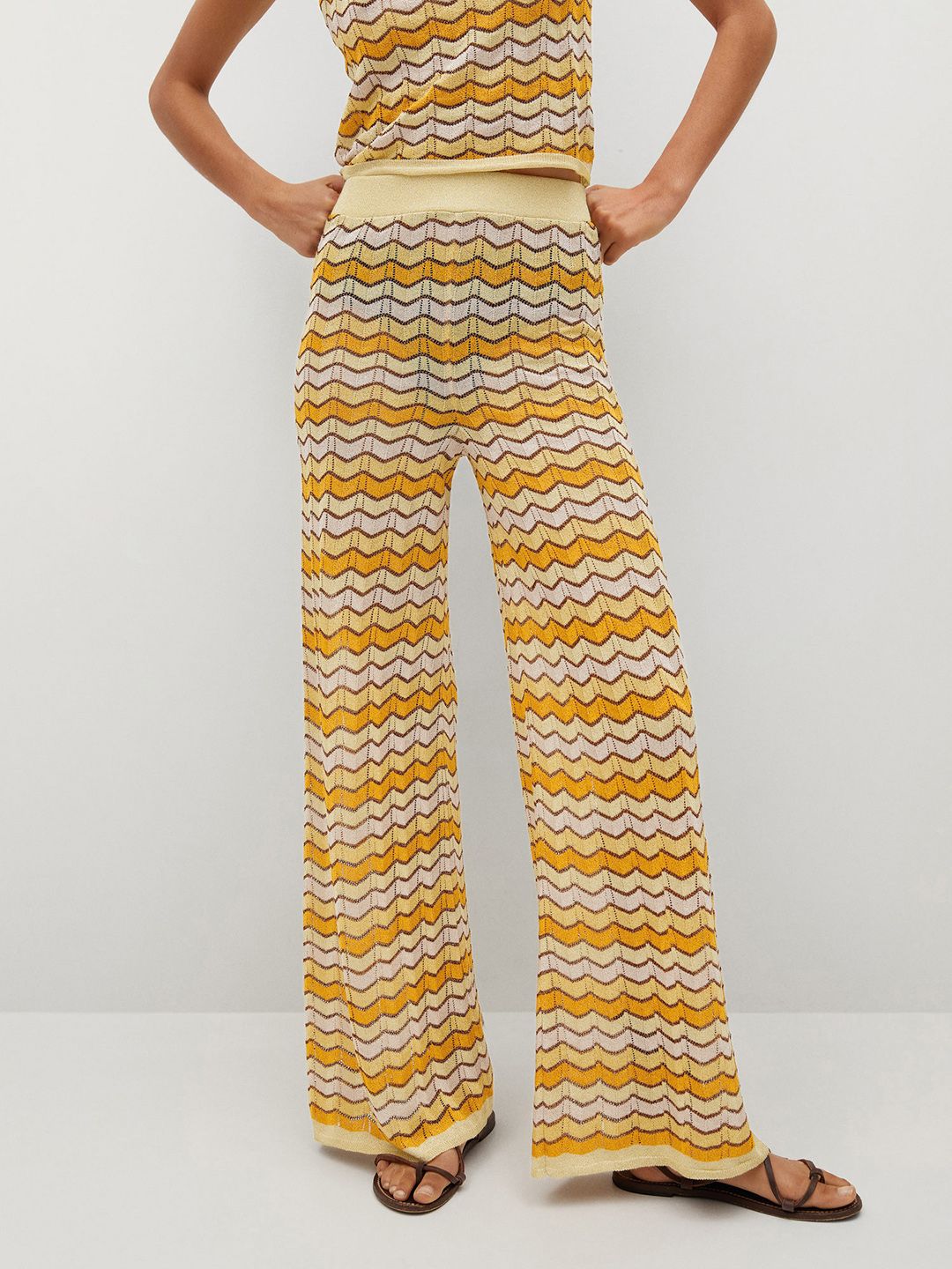 MANGO Women Mustard Yellow Chevron Print Parallel Trousers Price in India