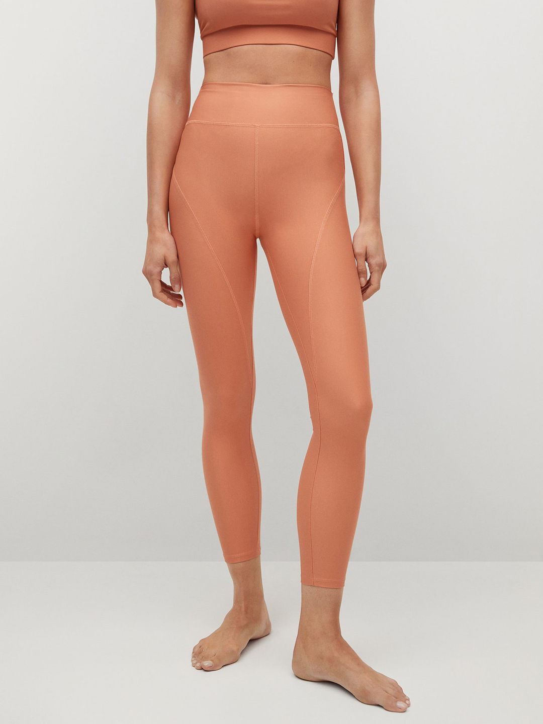 MANGO Women Peach-Coloured Solid Knitted High-Rise Cropped Yoga Tights Price in India