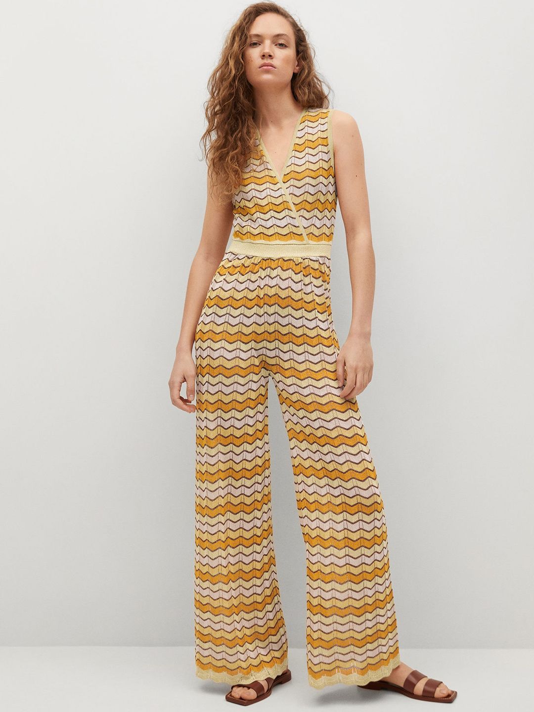 MANGO Yellow & Pink Striped Basic Jumpsuit Price in India