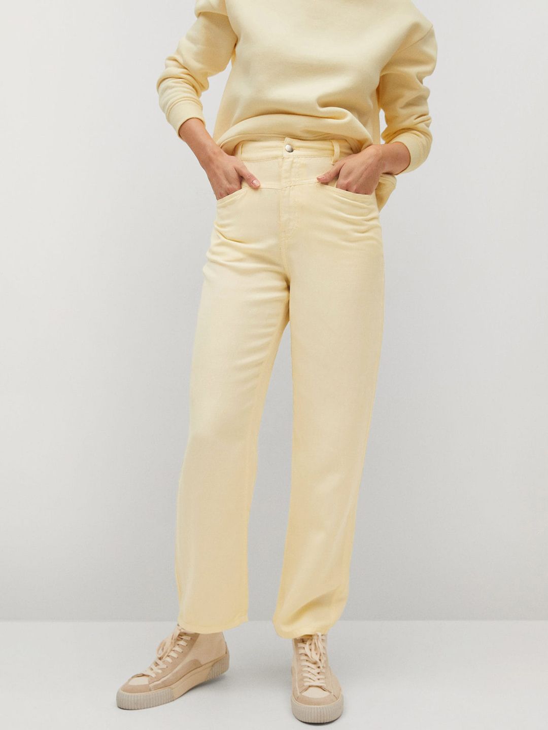 MANGO Women Yellow Solid High-Rise Parallel Trousers Price in India