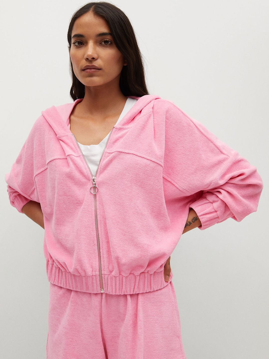 MANGO Women Pink Solid Hooded Sweatshirt Price in India