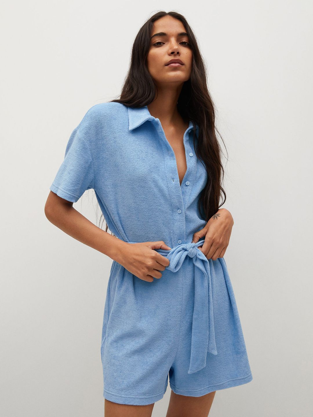 MANGO Blue Cotton Playsuit Price in India