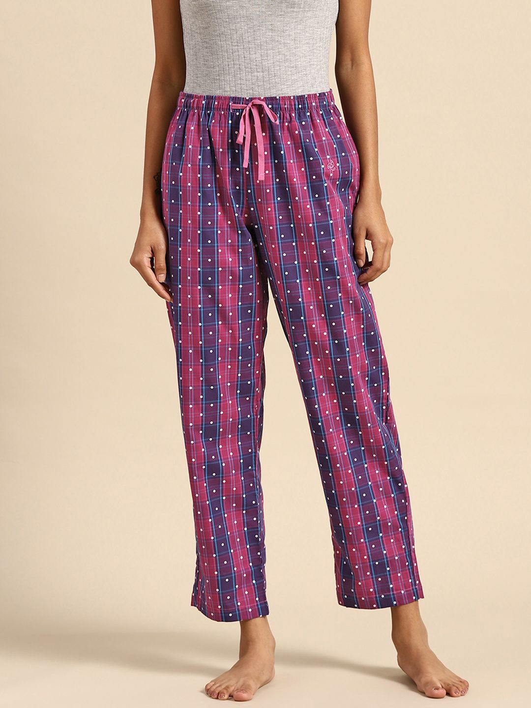Jockey Women Purple & Pink Checked Relaxed Fit Cotton Lounge Pants Price in India