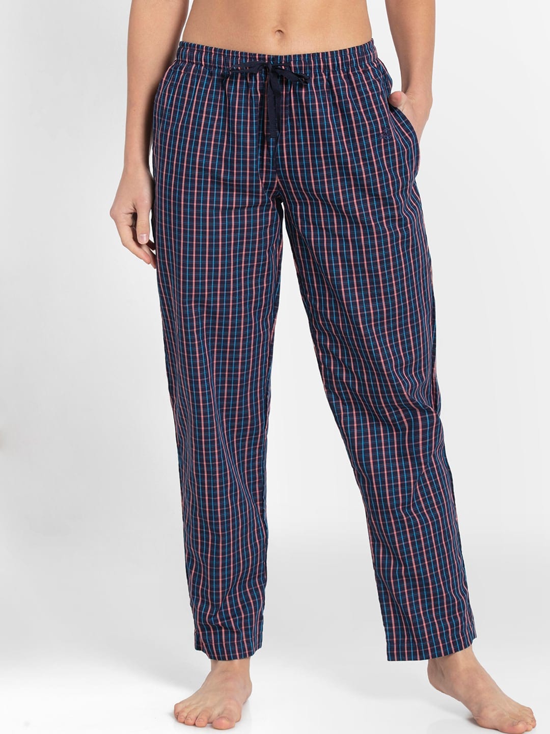 Jockey Women Blue & Pink Checked Relaxed Fit Cotton Lounge Pants Price in India