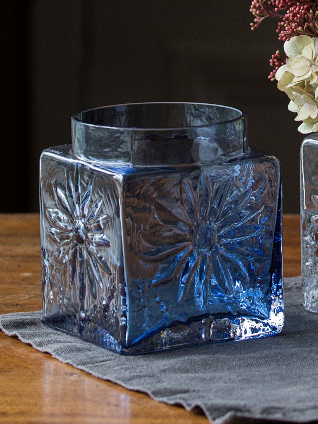 DARTINGTON Blue Embossed Crystal Square Flower Vase Price in India