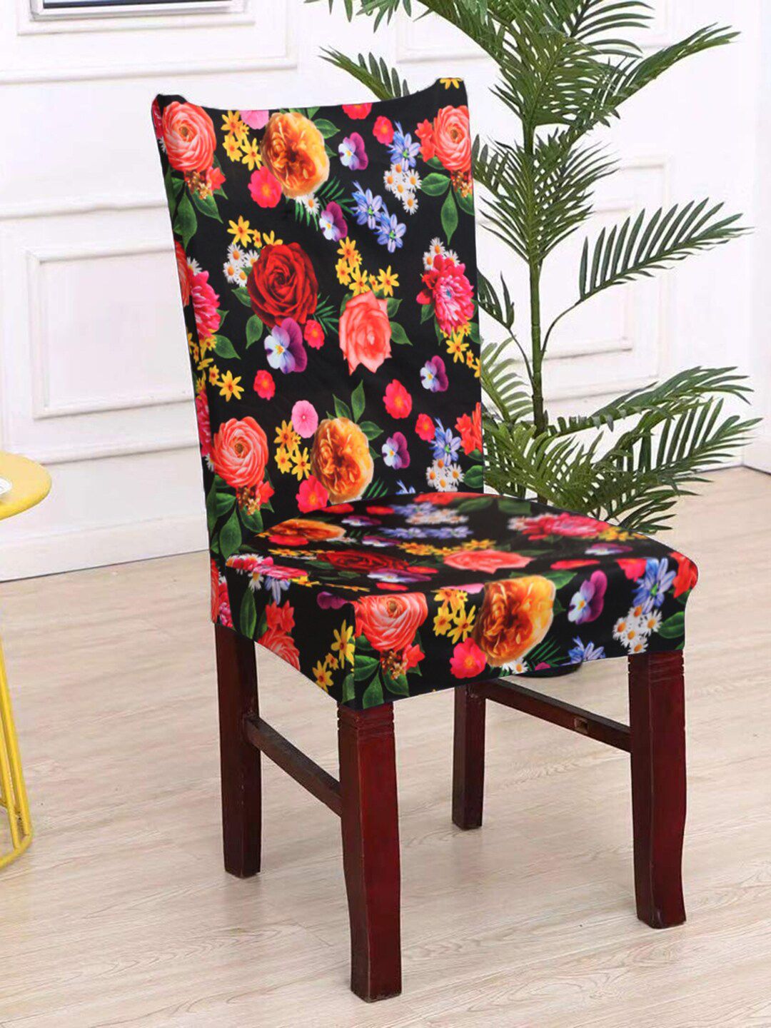HOSTA HOMES Set Of 6 Black & Red Floral Printed Chair Cover Price in India
