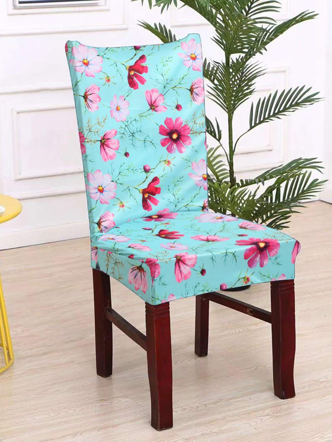 HOSTA HOMES Set Of 6 Blue & Pink Floral Printed Chair Cover Price in India