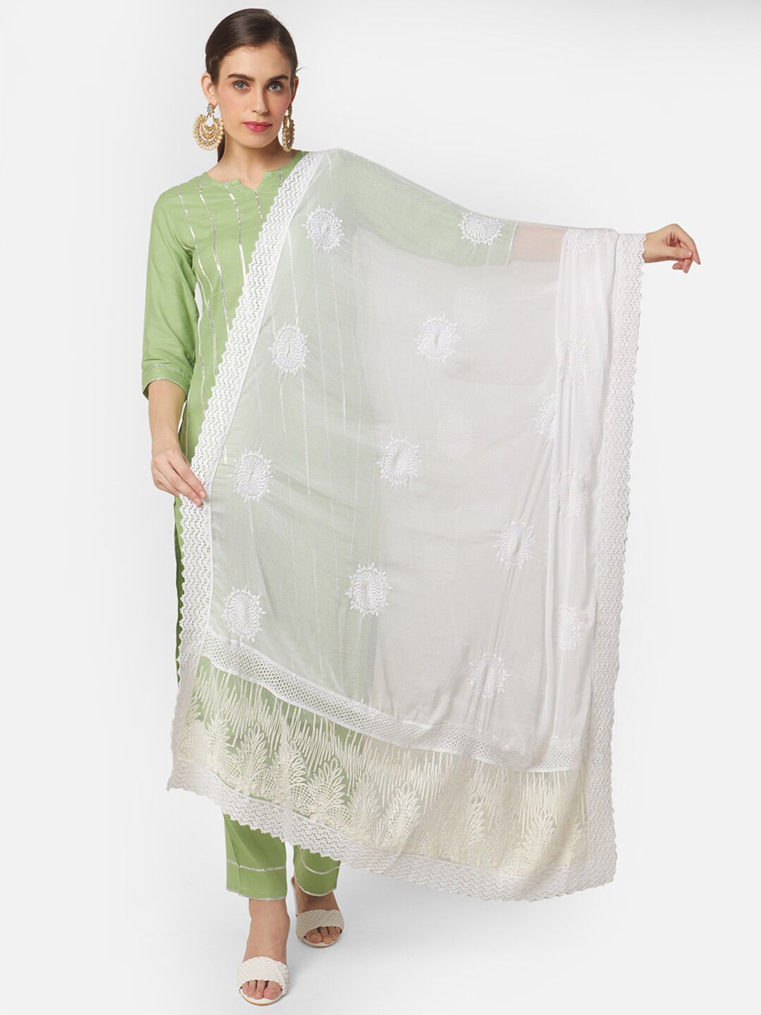 Dupatta Bazaar White Ethnic Motifs Embroidered Pure Chiffon Dupatta with Thread Work