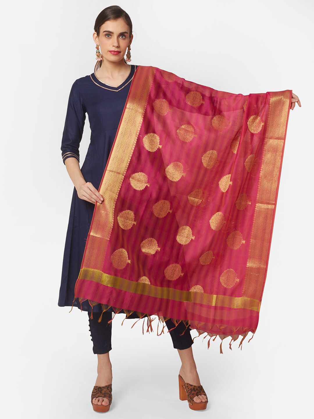 Dupatta Bazaar Fuchsia & Gold-Toned Ethnic Motifs Woven Design Chanderi Silk Dupatta Price in India