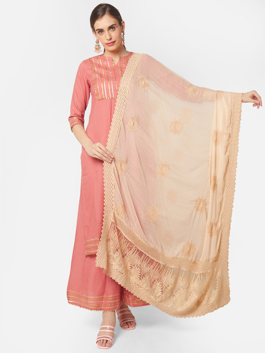 Dupatta Bazaar Beige Ethnic Motifs Embroidered Pure Chiffon Dupatta Price in India