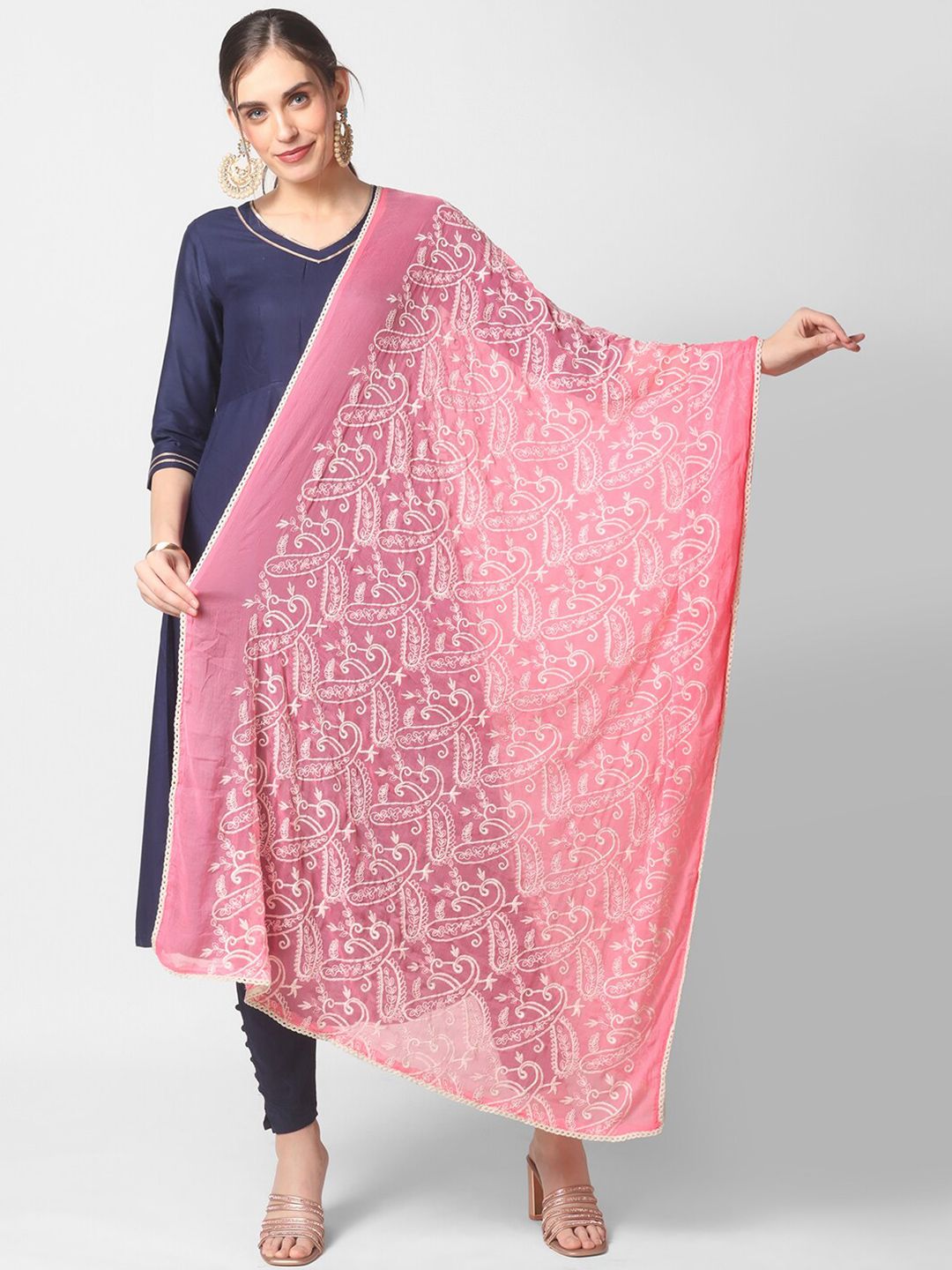 Dupatta Bazaar Pink & Off White Paisley Embroidered Dupatta Price in India