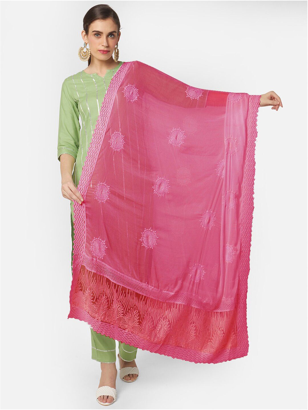 Dupatta Bazaar Pink Ethnic Motifs Embroidered Pure Chiffon Dupatta with Thread Work Price in India