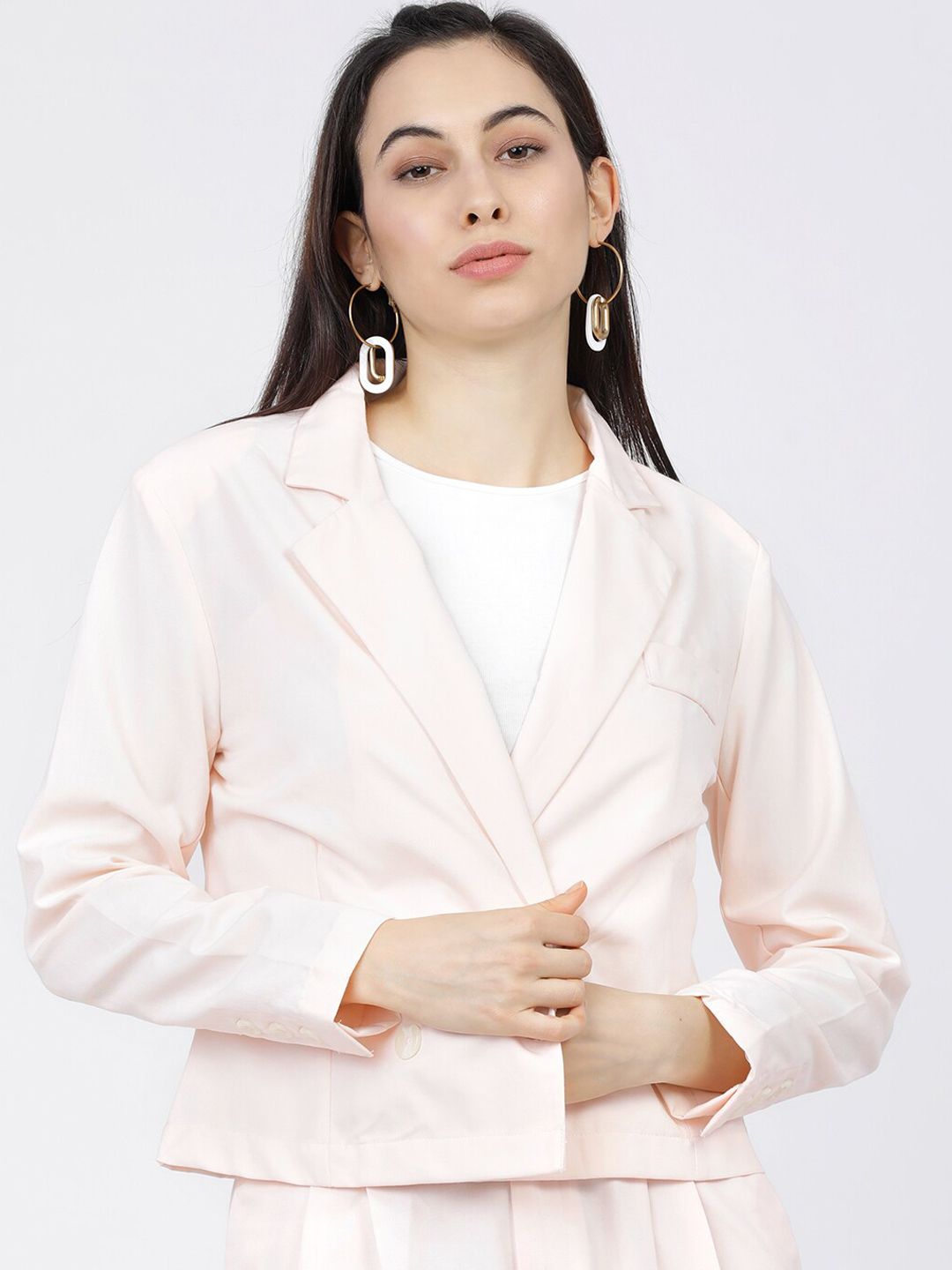 Tokyo Talkies Women Pink Solid Double-Breasted Casual-Fit Crop Blazer Price in India