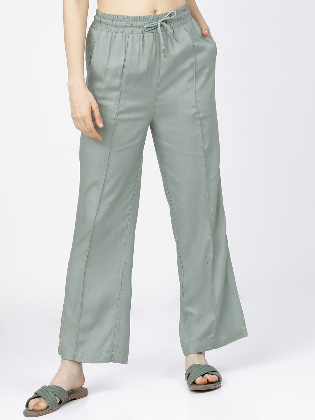 Tokyo Talkies Women Green Straight Fit High-Rise Parallel Trousers Price in India