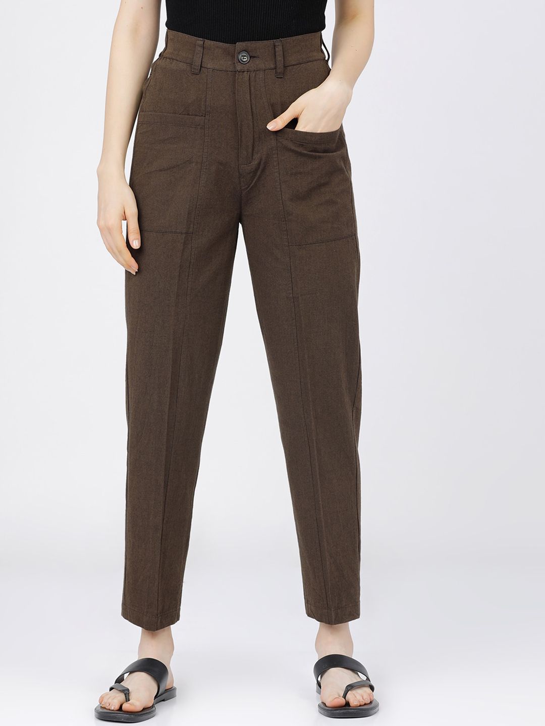 Tokyo Talkies Women Brown Tapered Fit High-Rise Trousers Price in India
