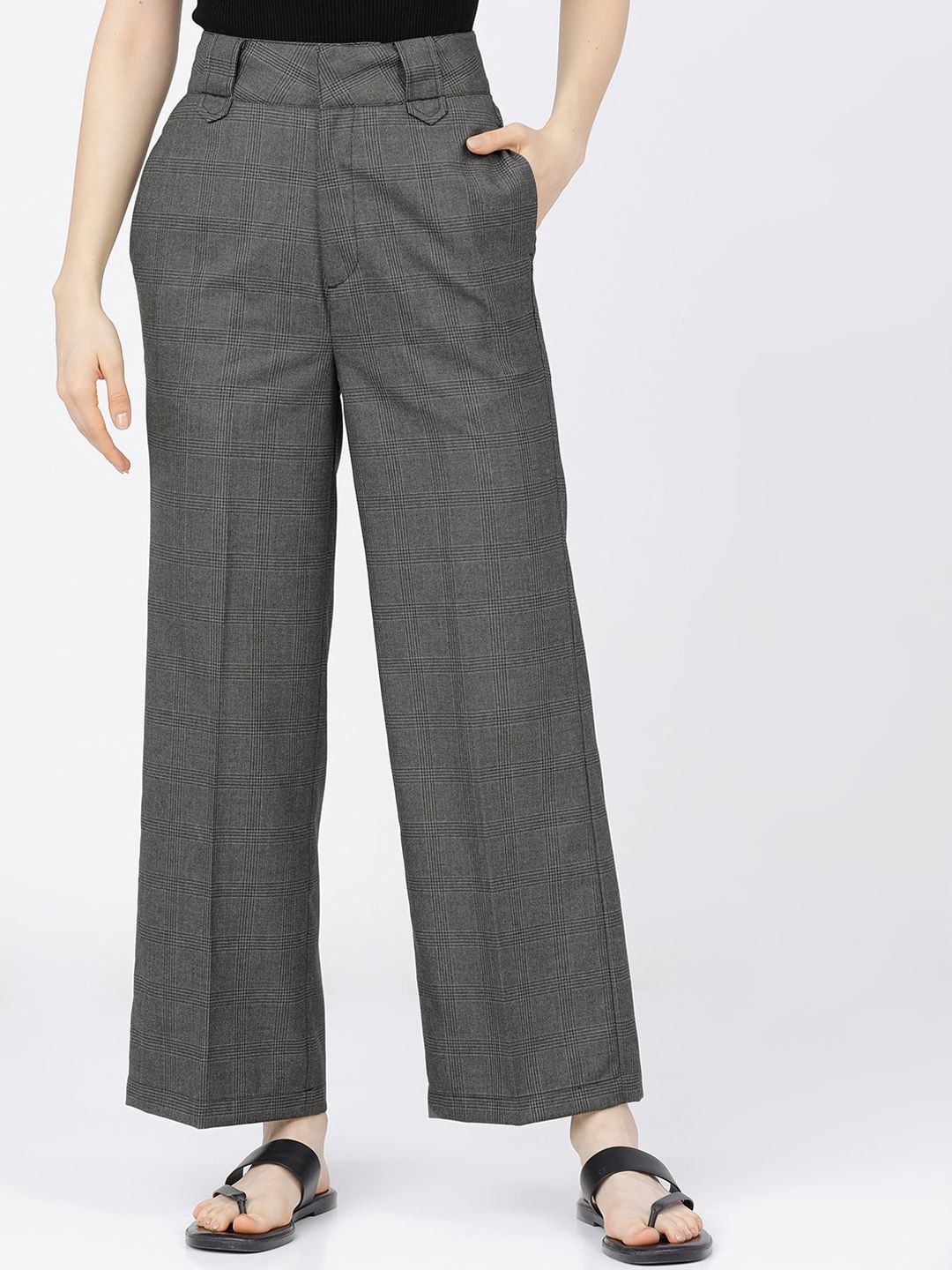 Tokyo Talkies Women Charcoal Checked Straight Fit High-Rise Parallel Trousers Price in India