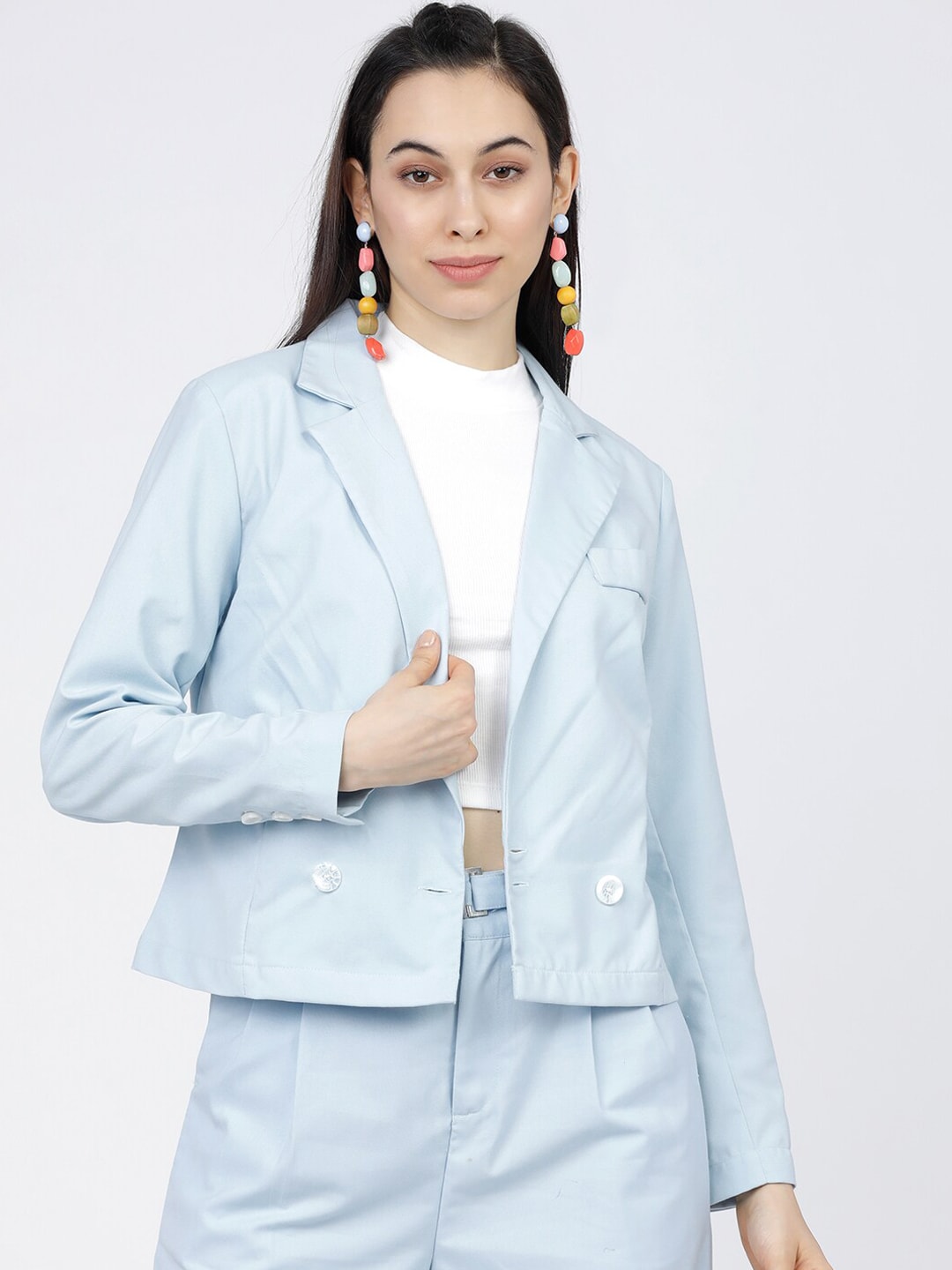 Tokyo Talkies Women Blue Solid Double-Breasted Crop Blazer Price in India