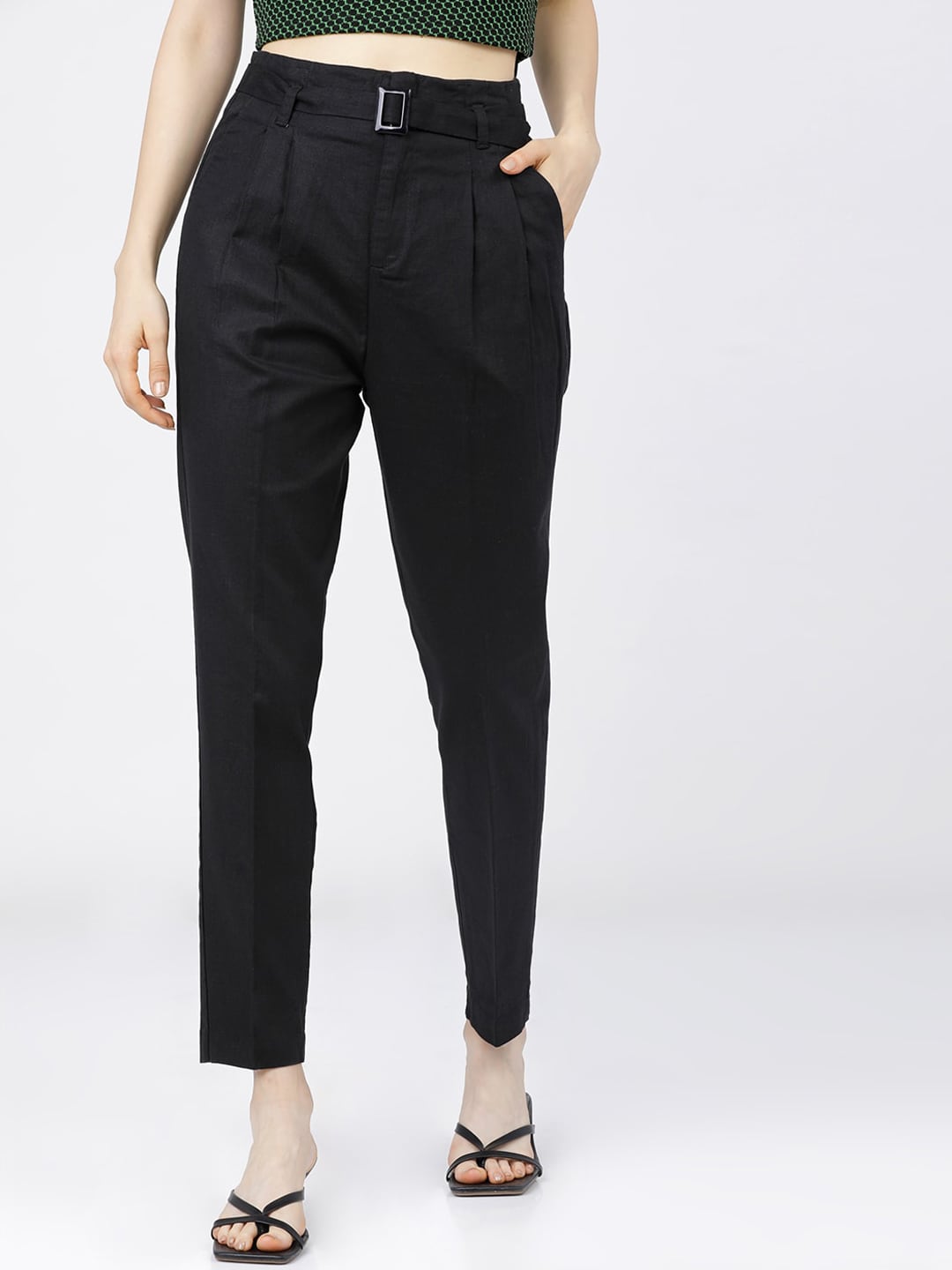 Tokyo Talkies Women Black Tapered Fit Pleated Trousers Price in India