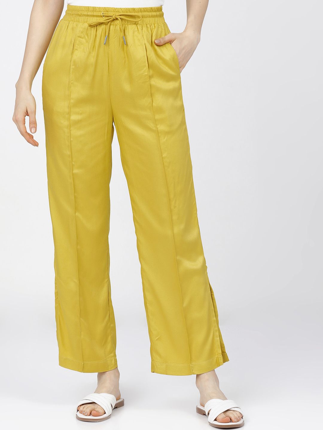 Tokyo Talkies Women Yellow Straight Fit High-Rise Pleated Parallel Trousers Price in India