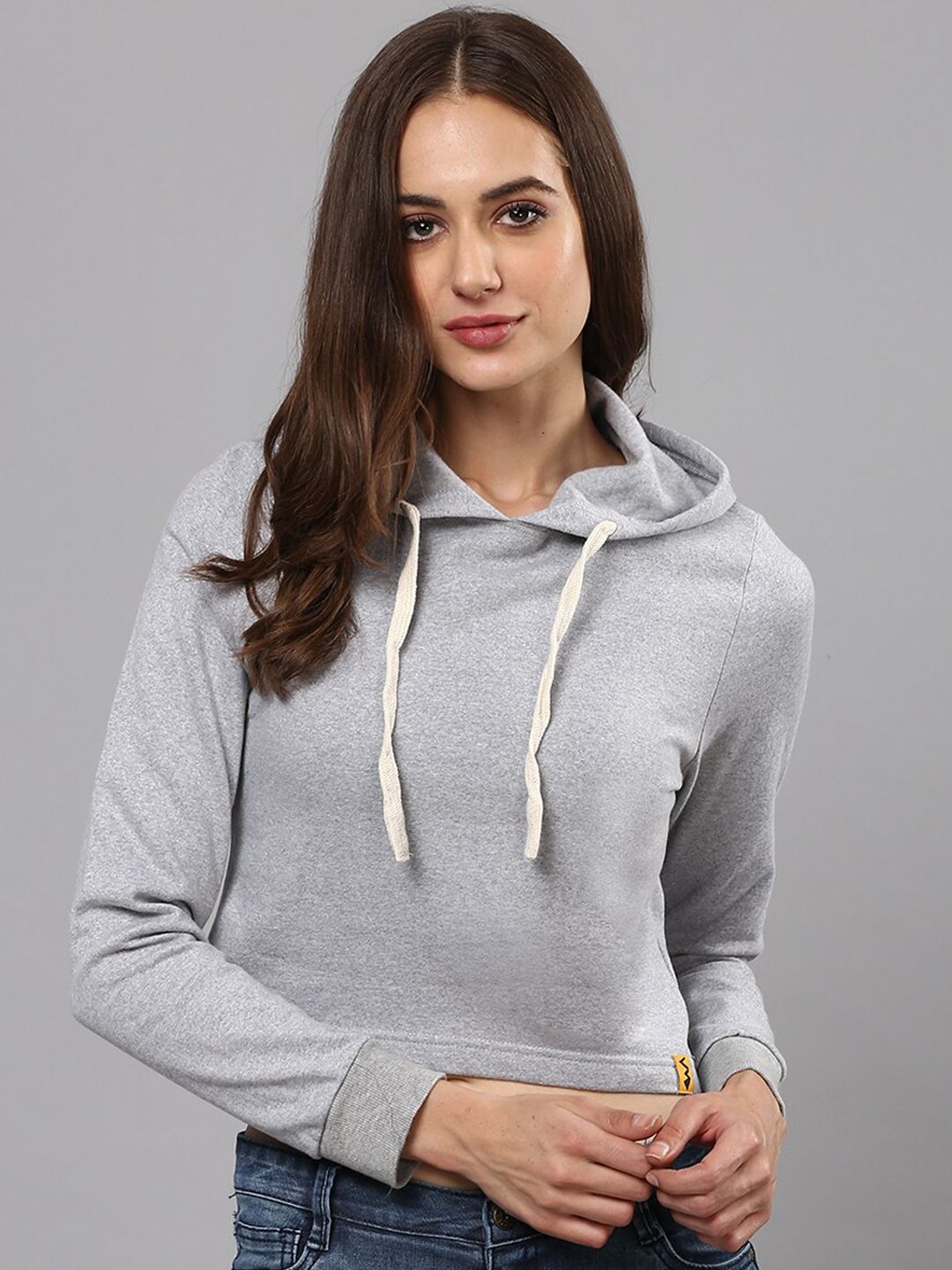 Campus Sutra Women Grey Crop Hooded Sweatshirt Price in India