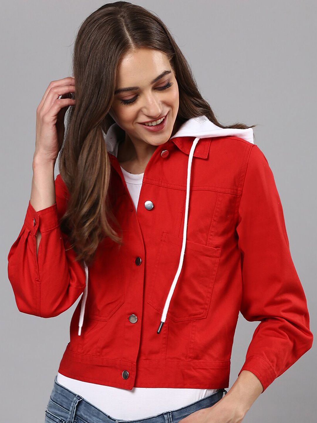 Campus Sutra Women Red White Windcheater Crop Denim Jacket Price in India