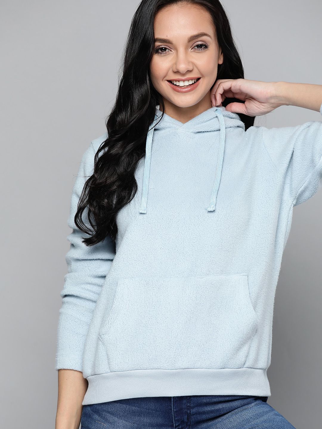Mast & Harbour Women Blue Relaxed Fit Sherpa Hooded Sweatshirt Price in India