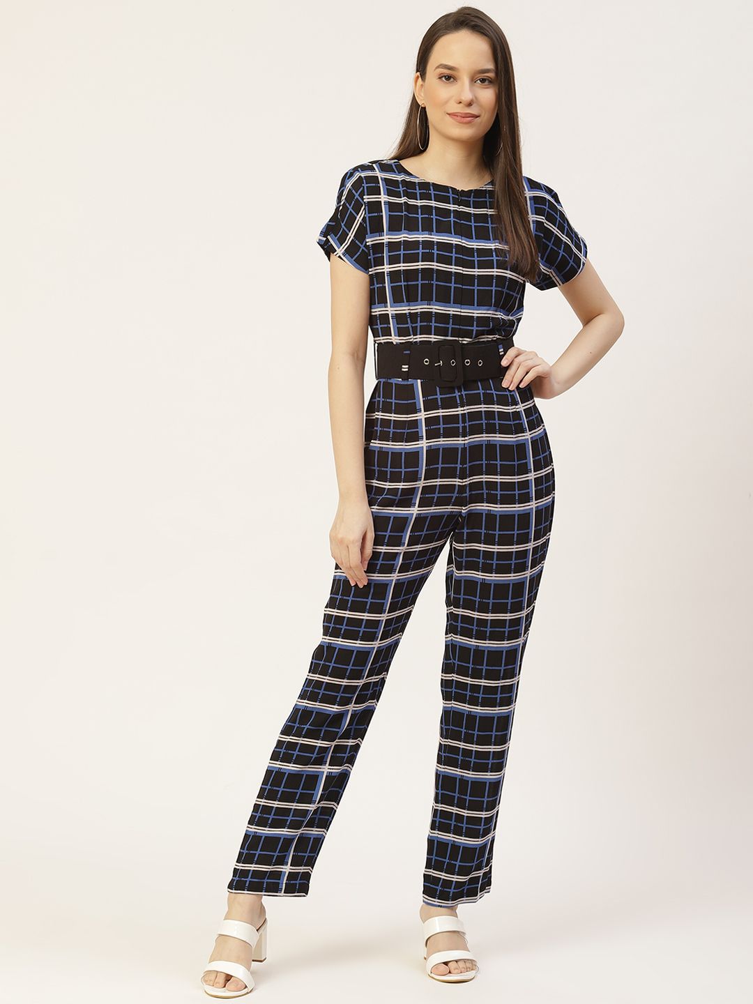 Magnetic Designs Black & Blue Checked Basic Jumpsuit Price in India