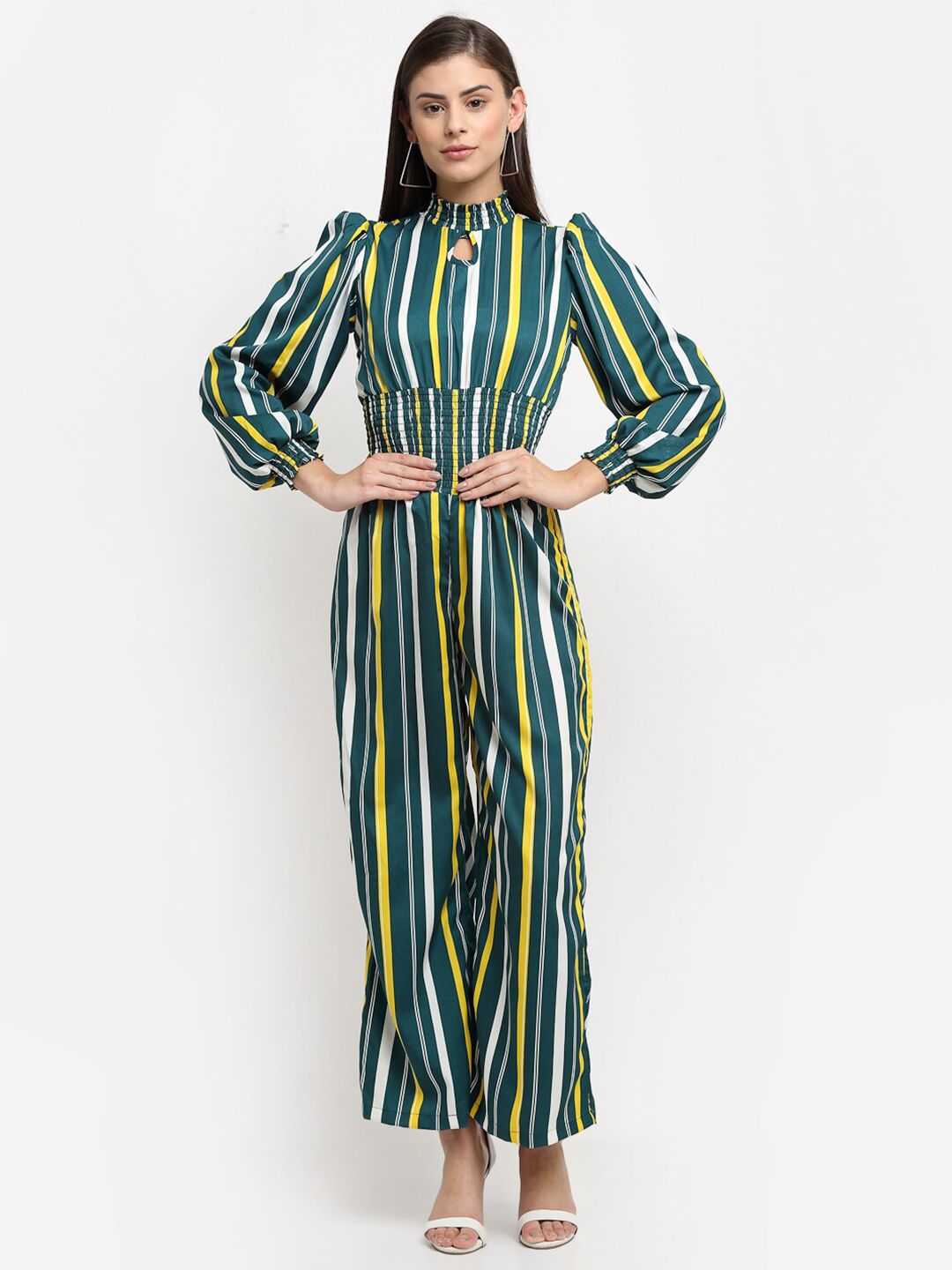 emeros Women Green & Yellow Striped Printed Polyester Jumpsuit With Gathers Styling Price in India