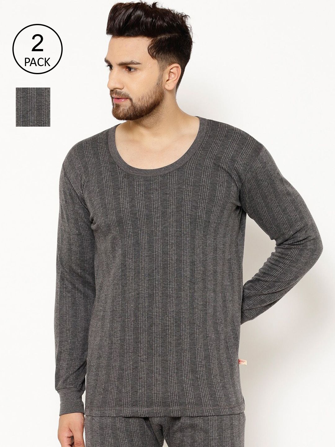 MACK JONNEY Men Pack Of 2 Black Striped Thermal Tops
