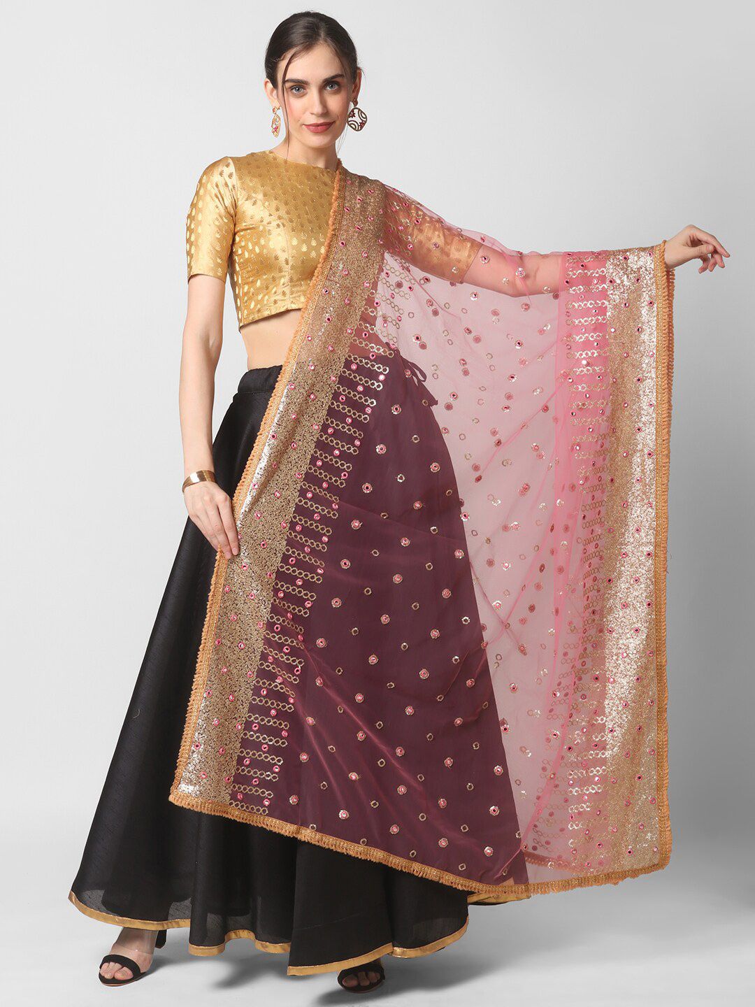 Dupatta Bazaar Pink & Gold Ethnic Motifs Embroidered Dupatta with Sequinned Details Price in India