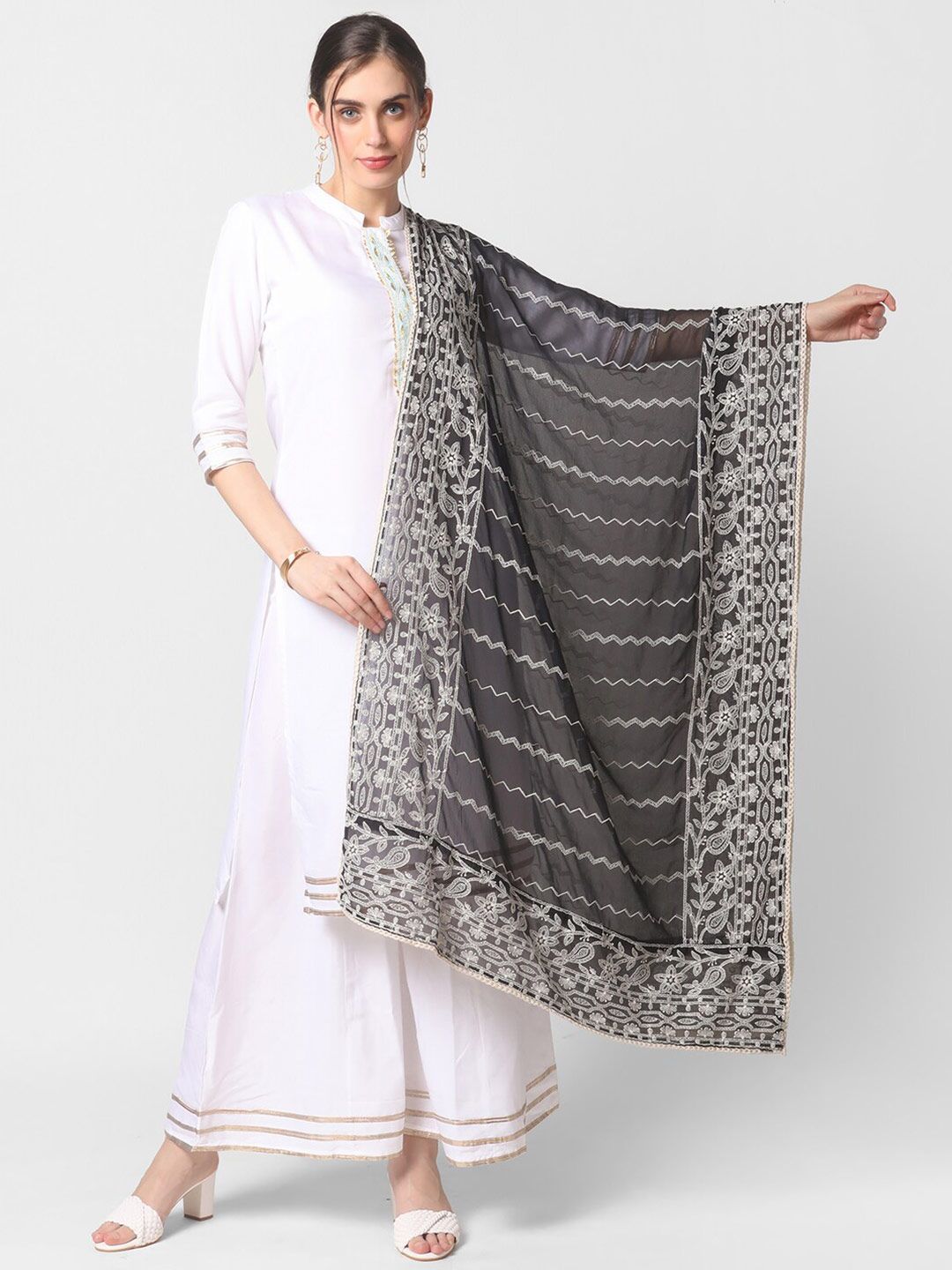 Dupatta Bazaar Black & White Ethnic Motifs Embroidered Dupatta with Chikankari Details Price in India