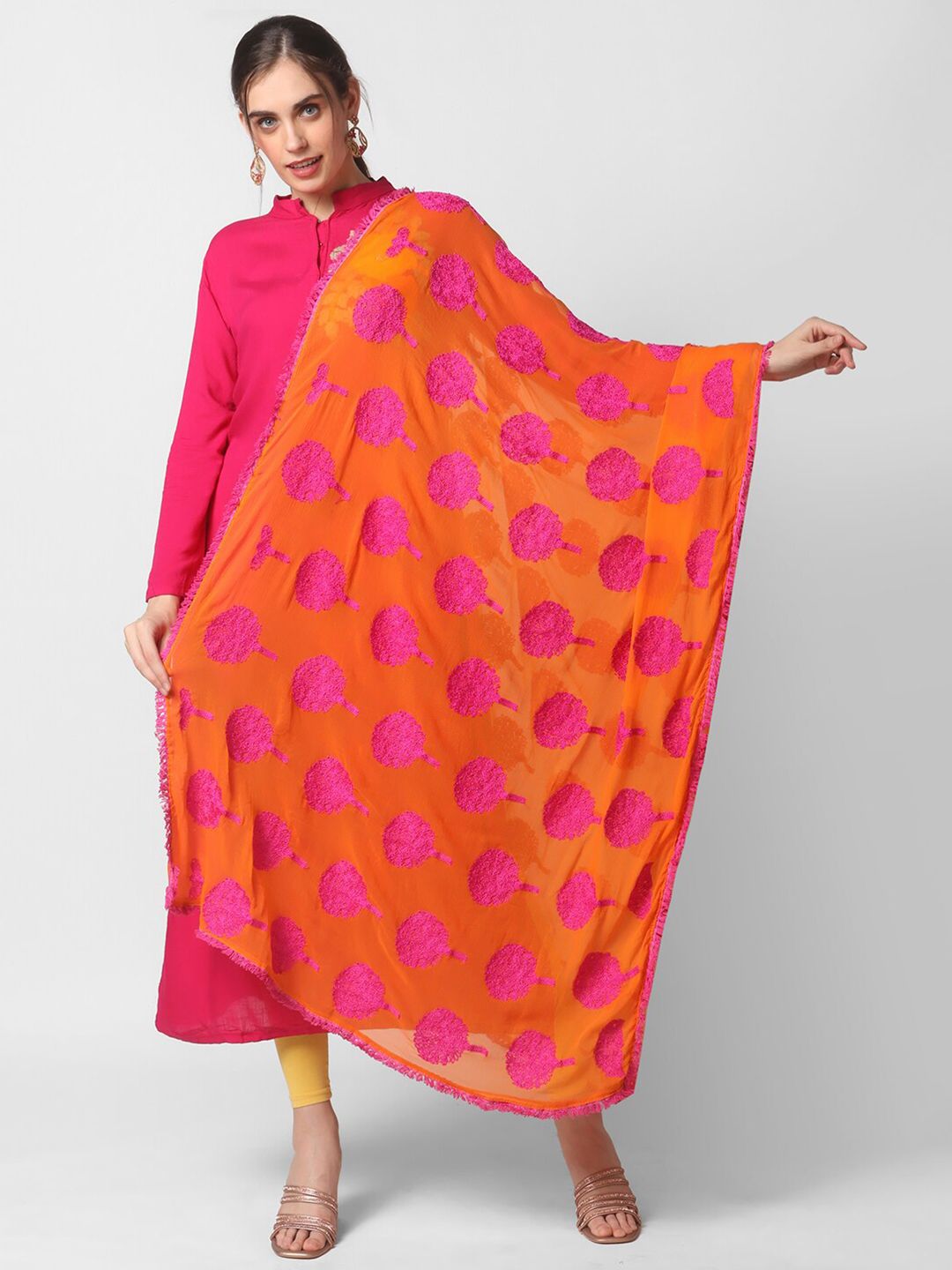 Dupatta Bazaar Orange & Fuchsia Ethnic Motifs Embroidered Dupatta with Thread Work Price in India