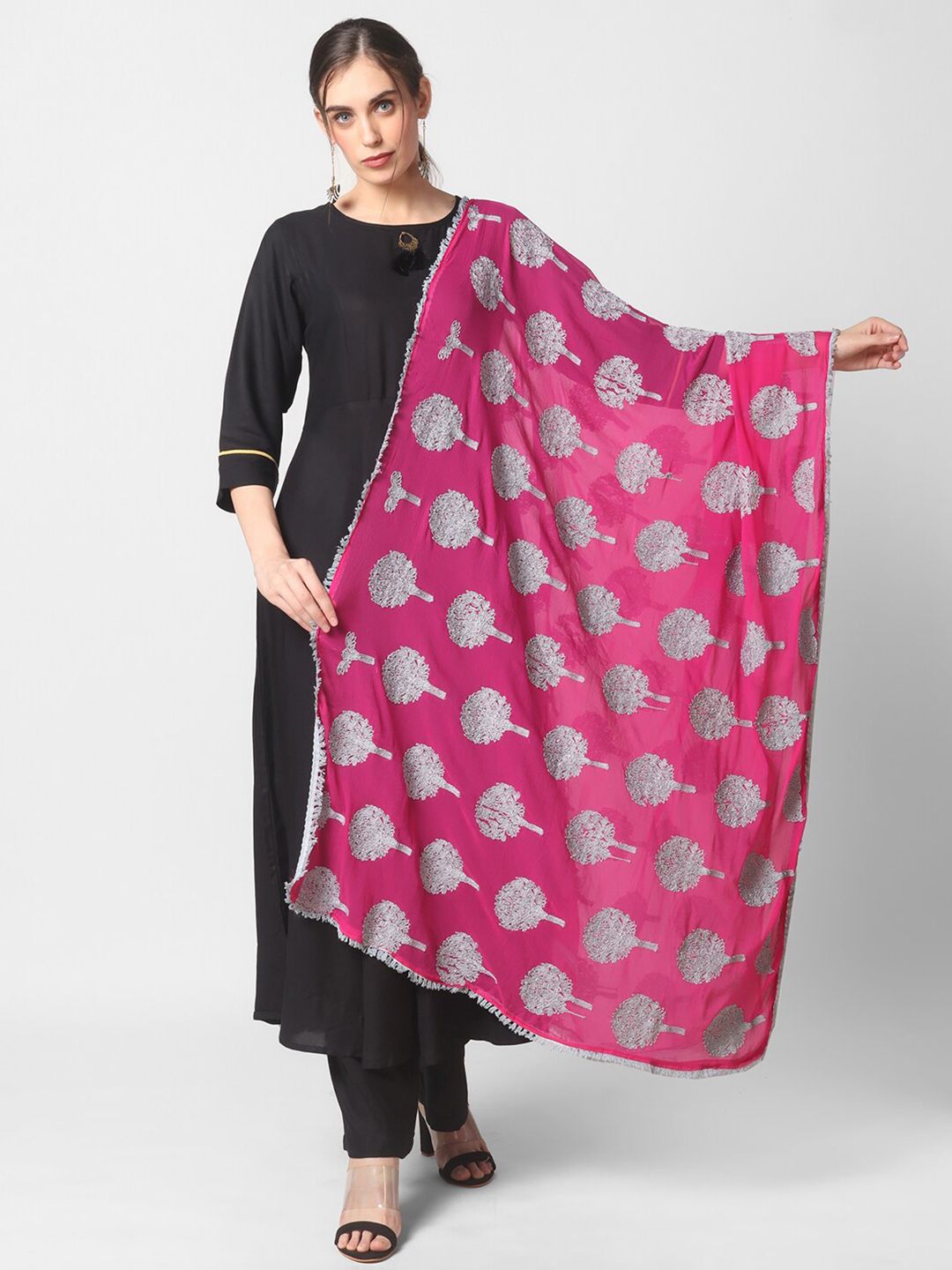 Dupatta Bazaar Pink & Grey Ethnic Motifs Embroidered Dupatta with Thread Work
