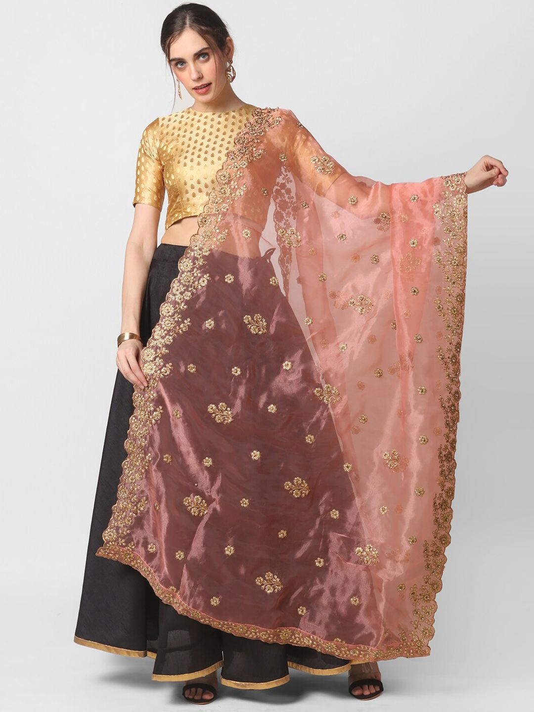 Dupatta Bazaar Peach-Coloured & Gold Embroidered Organza Dupatta with Beads and Stones Price in India