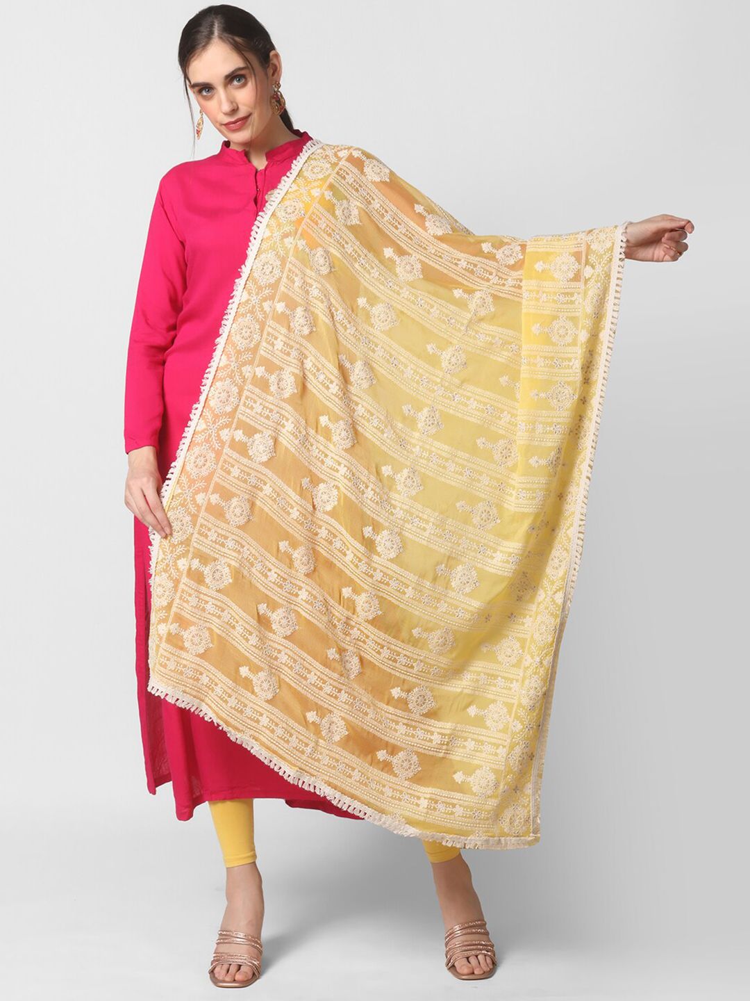 Dupatta Bazaar Yellow & White Ethnic Motifs Embroidered Dupatta with Chikankari Price in India