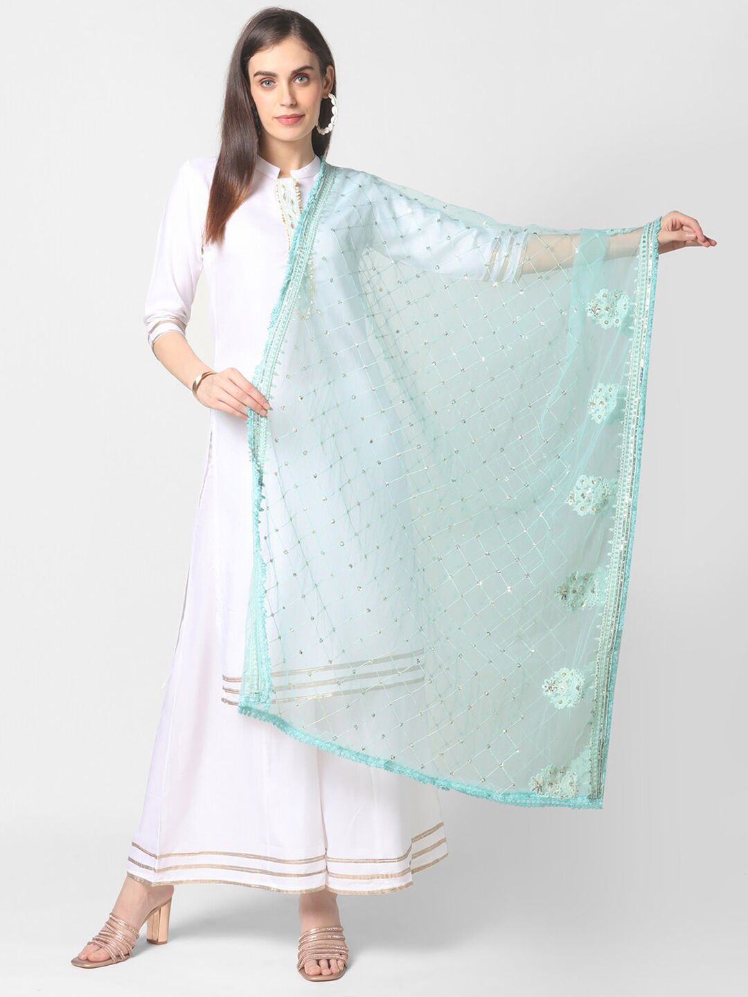 Dupatta Bazaar Sea Green & White Embroidered Dupatta with Sequinned