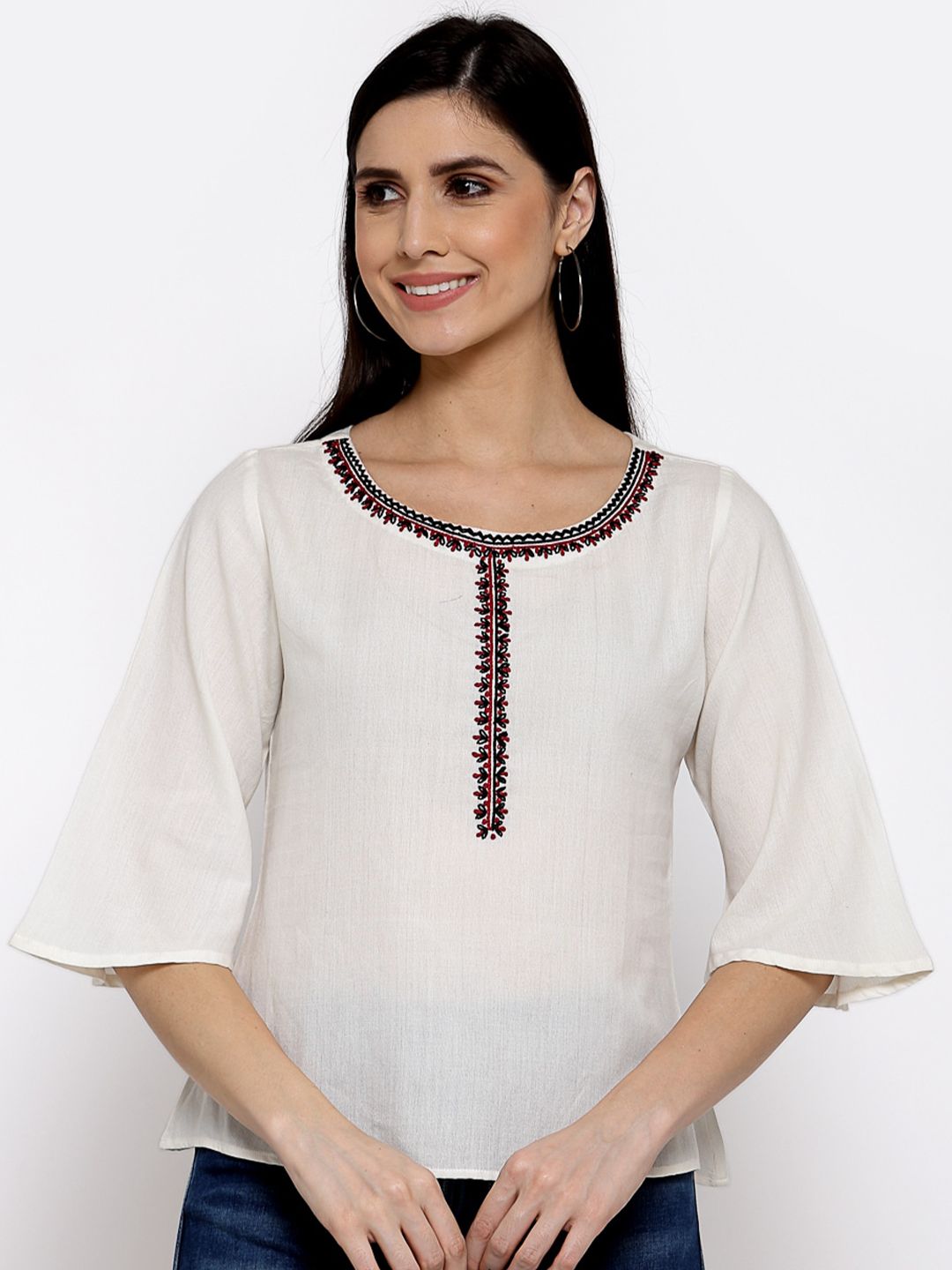 DART STUDIO White Flared Sleeve Linen Regular Top