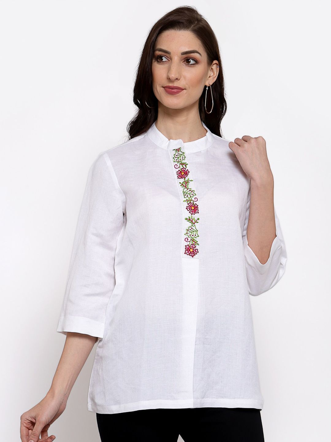 DART STUDIO White Mandarin Collar Linen Regular Top