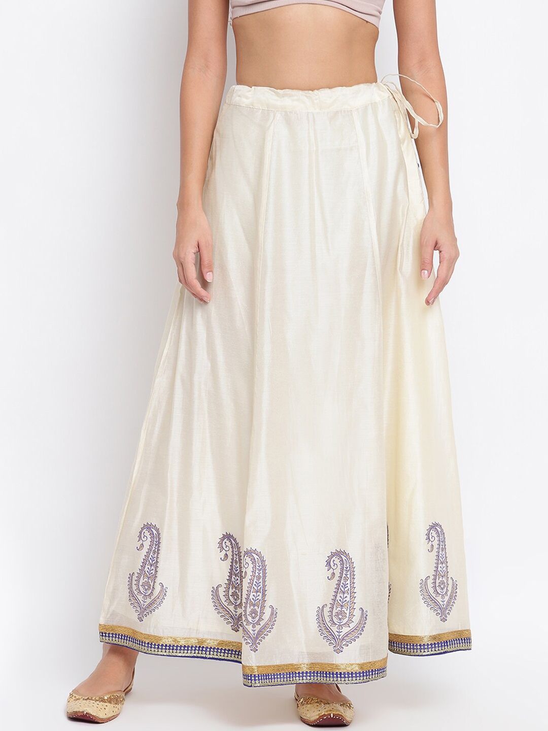 IMARA Women White & Blue Printed Flared Maxi Skirt