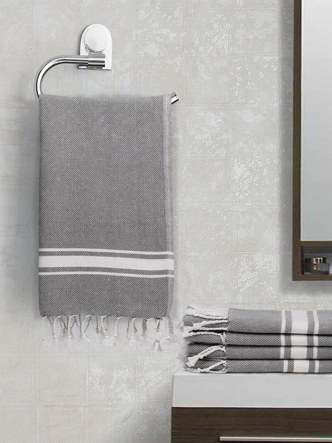 KLOTTHE Set Of 5 Grey & White Solid 300GSM Cotton Hand Towels Price in India
